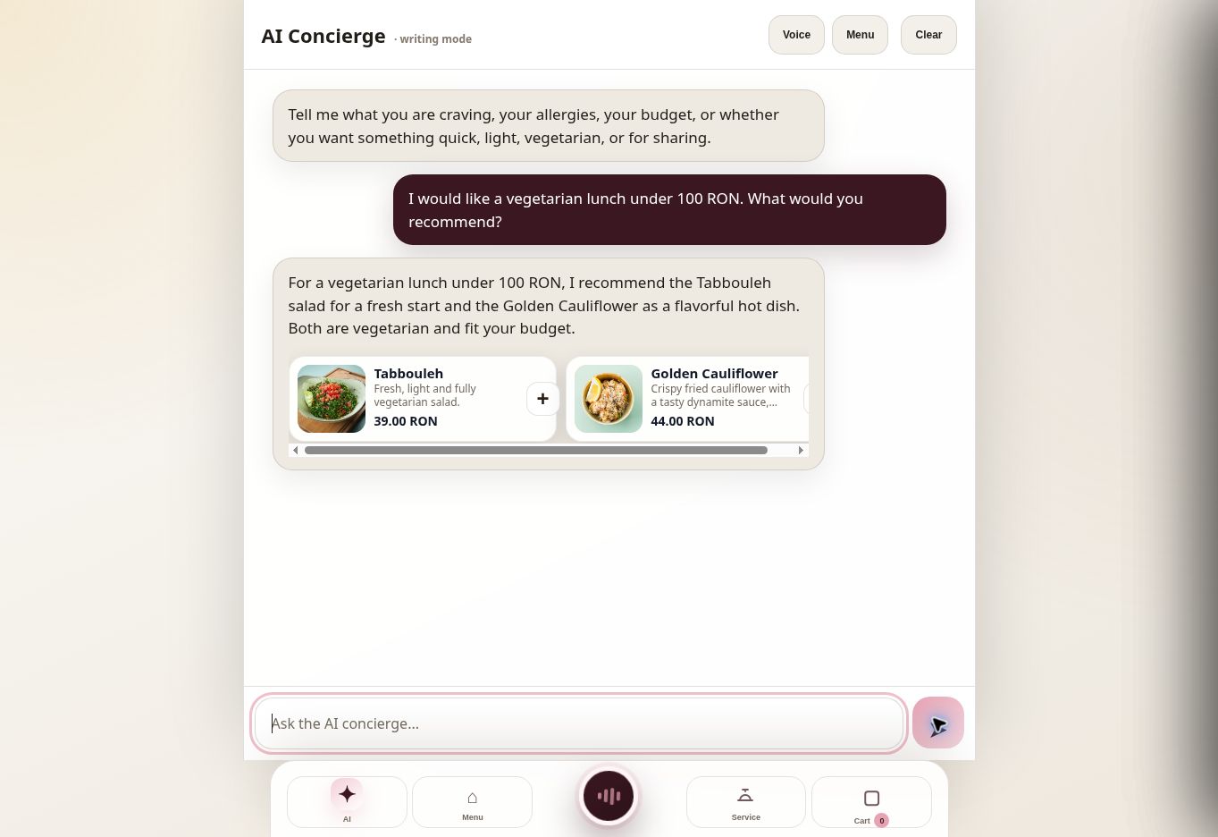 Actual MYAIMENU demo recommending Tabbouleh and Golden Cauliflower for a vegetarian lunch under 100 RON